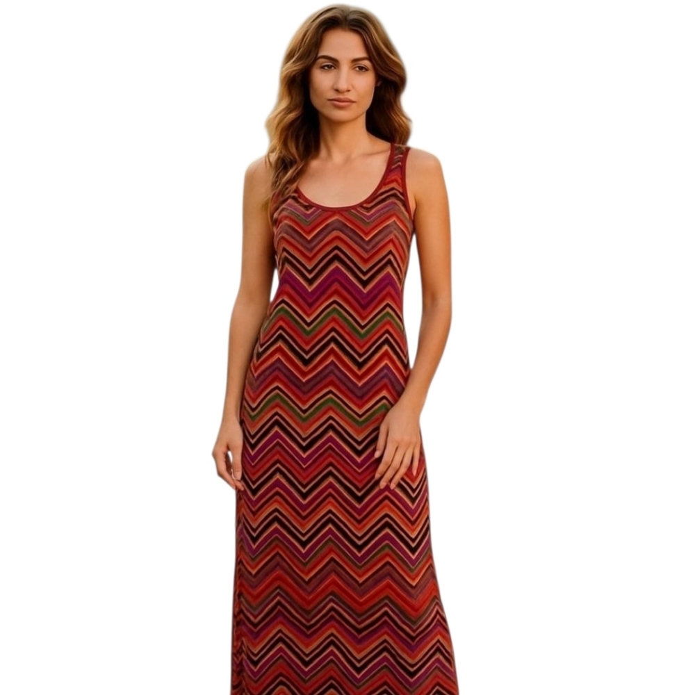 J & K Retro Zig Zag Racerback Sleeveless Long Maxi Length Tank Dress Size Medium